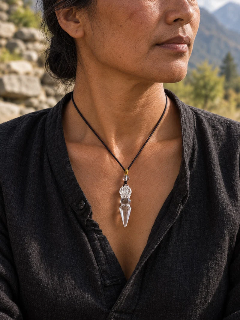 Tibetan Vajra Clear Quartz Crystal Protection Amulet