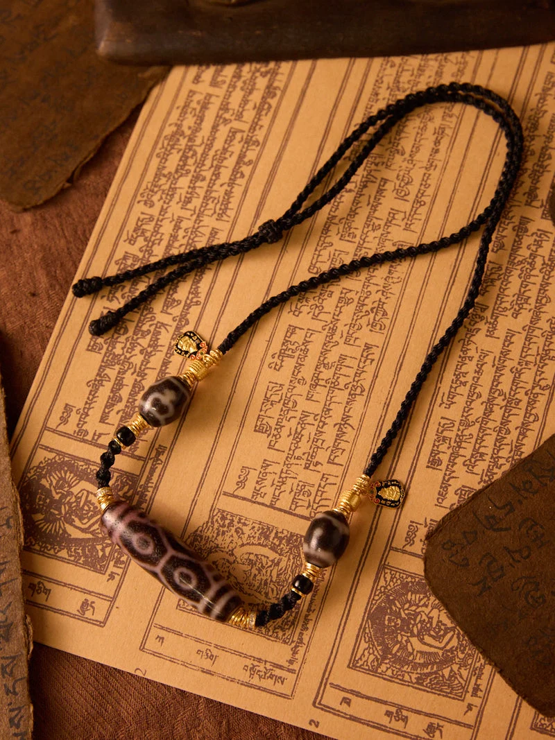 Fearless Protection Agate Dragon Six-Eyed and Dalo Tibetan Dzi Necklace