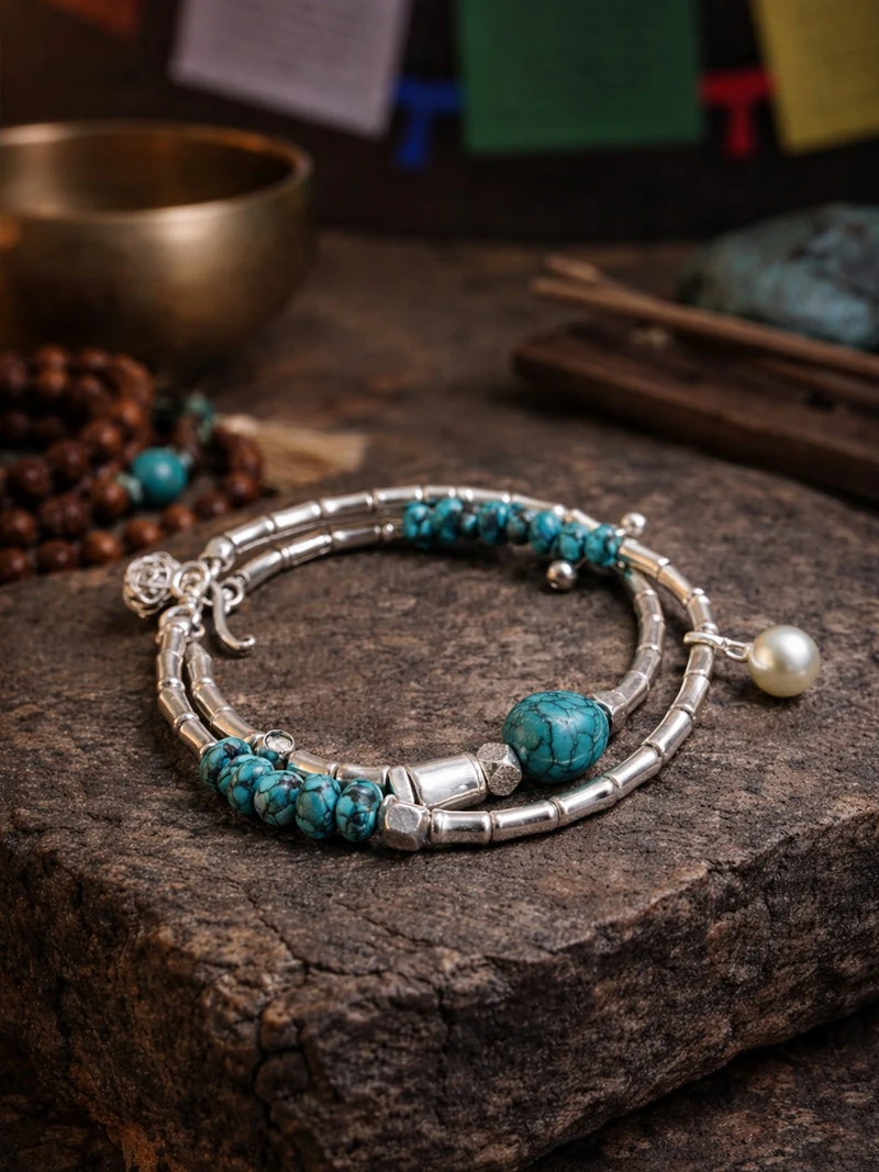 Himalayan Sky Guardian Raw Turquoise Silver Layered Bracelet
