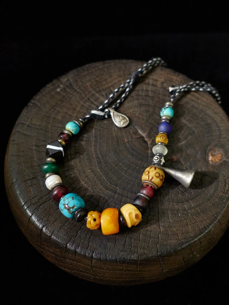 Prosperity Protection Turquoise Amber Agate Bone Pearl Copper Necklace