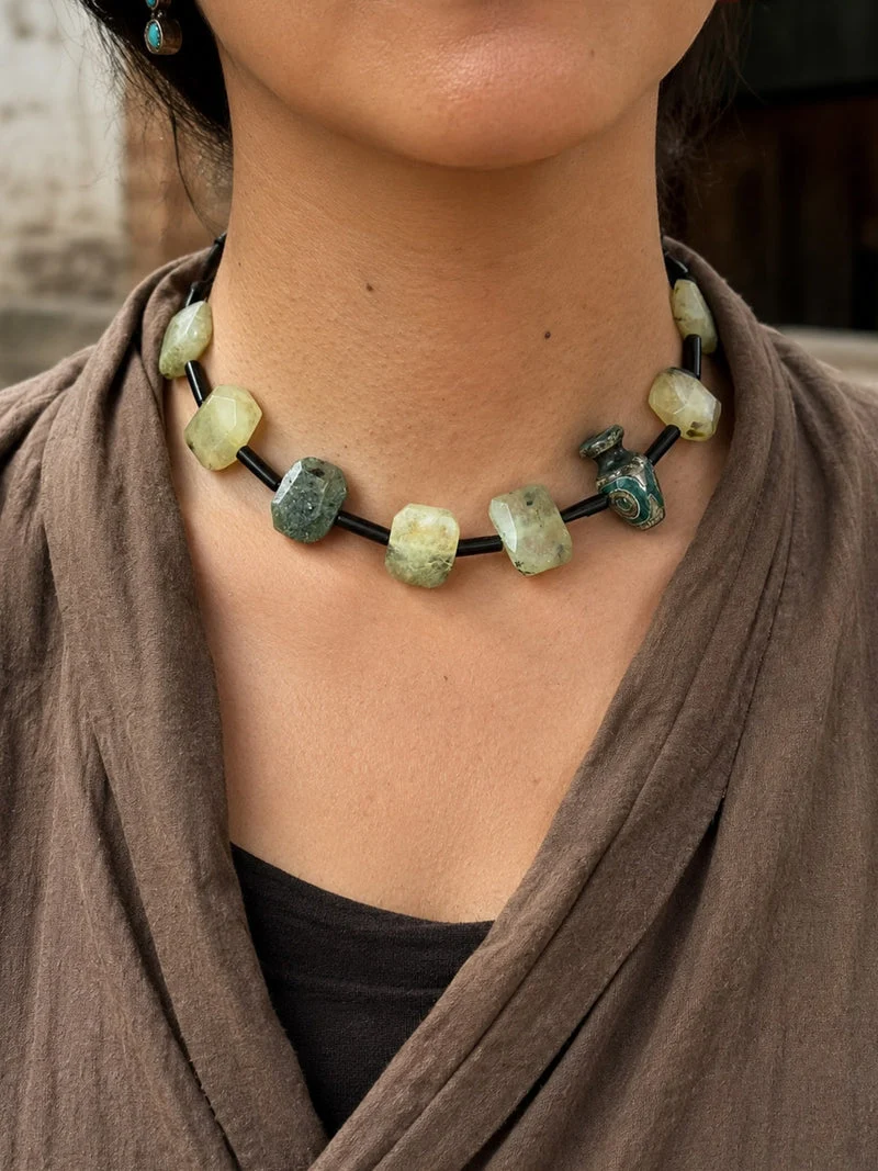 Sacred Renewal Ancient Agate Dzi Prehnite Necklace