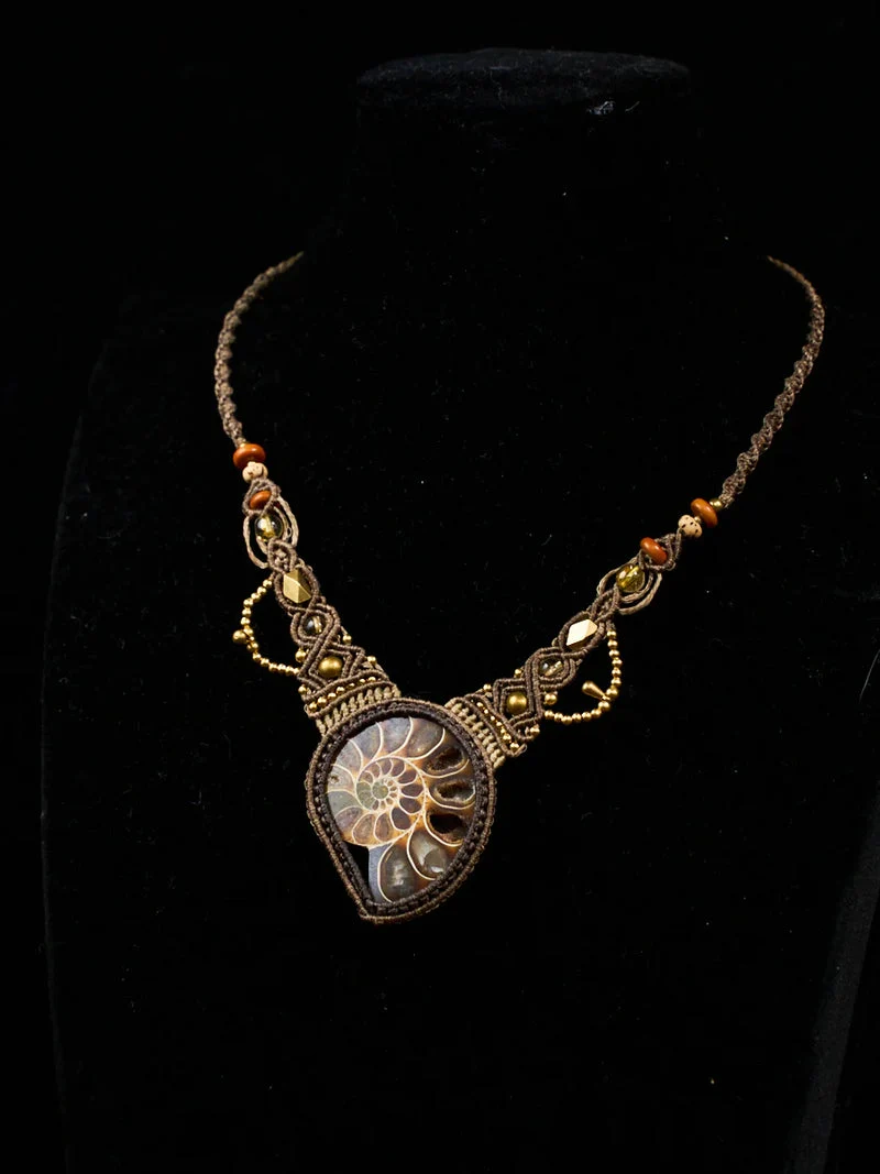 Ancient Spiral Ammonite Citrine Brass Macramé Necklace