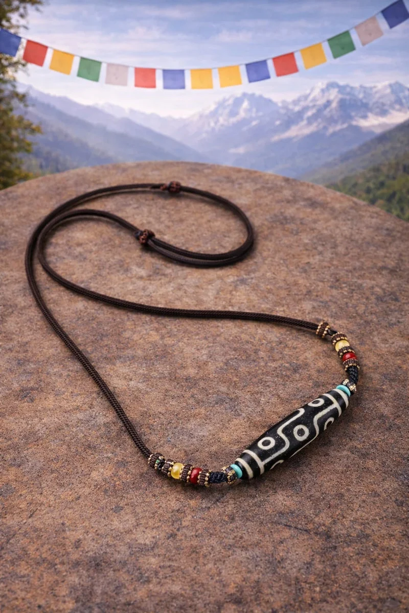 Sacred Nine-Eye Dzi Bead Cotton Cord Necklace