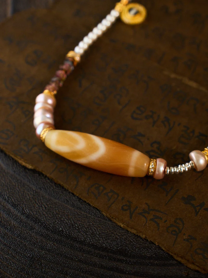 Fortune & Protection Nine-Eyed Cinnabar Dzi Bead Tibetan Necklace