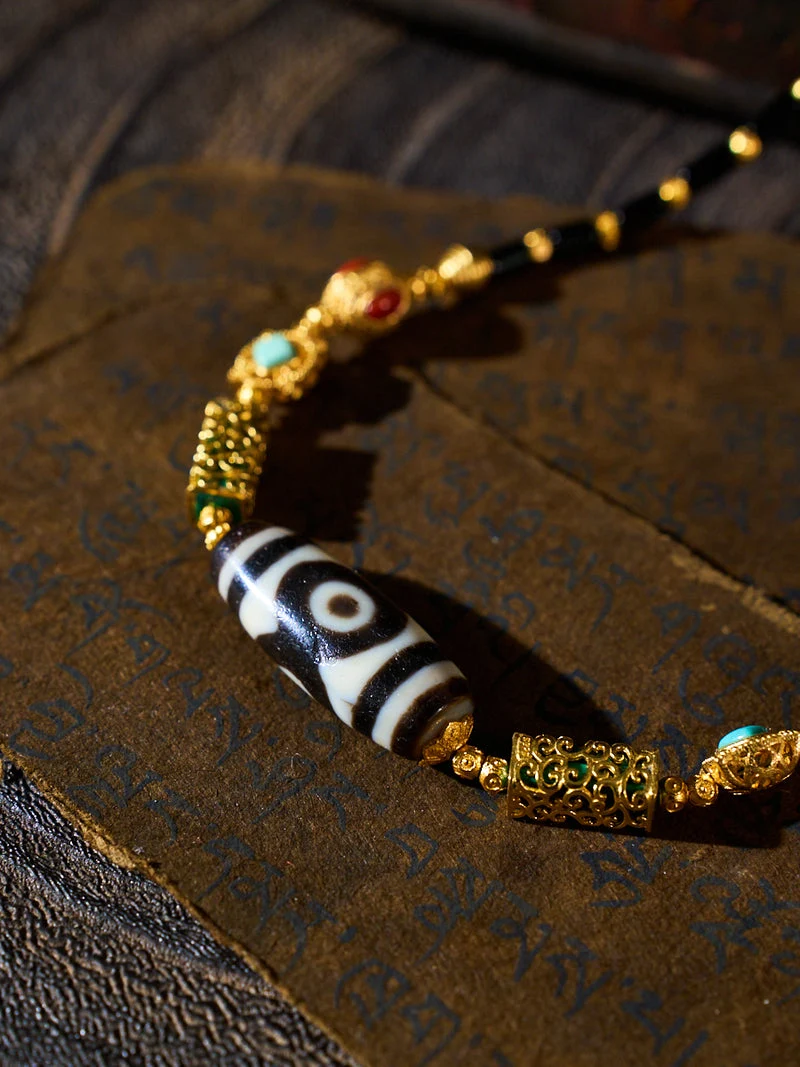 Wealth Protection Three-Eyed Dzi Black Agate Panda Handmade Necklace