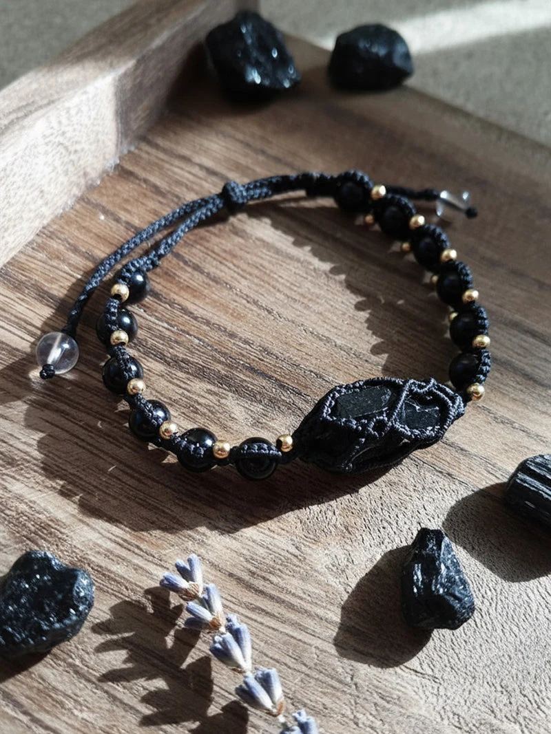 Protection Black Tourmaline Brass Accent Handmade Bracelet