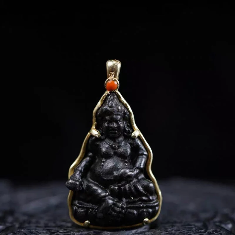 Yellow Dzambhala Carved Thokcha Iron Kubera Gold Frame Coral Pendant Necklace