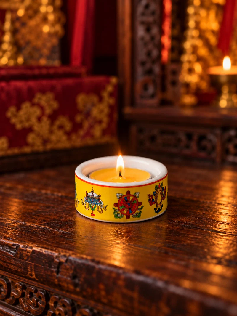 Inner Light Eight Auspicious Symbols Ceramic Butter Lamp