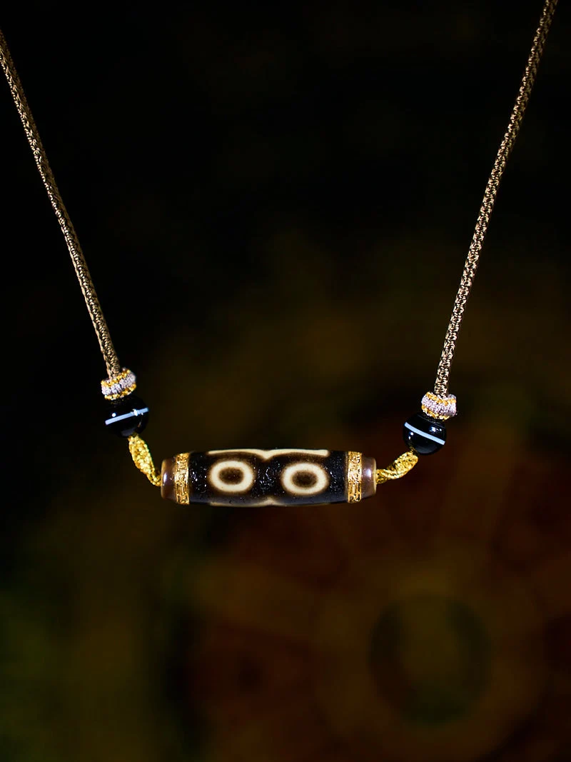 Divine Fortune Three-Eyed Agate 18K Gold Dzi Necklace