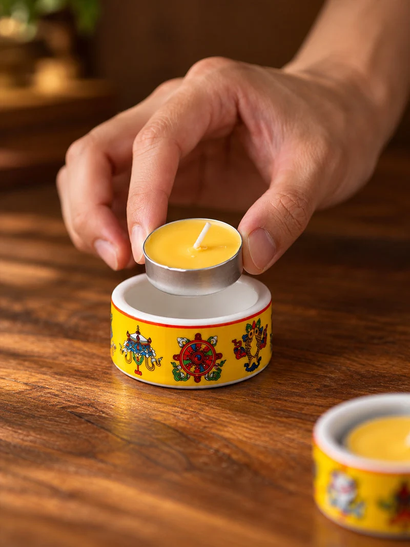 Inner Light Eight Auspicious Symbols Ceramic Butter Lamp