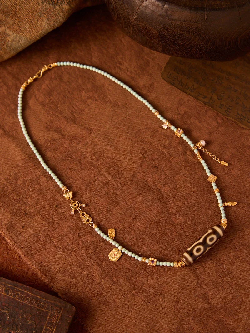 Buddha's Heart Three-Eyed Dzi Agate Turquoise Gold-Plated Silver Pendant