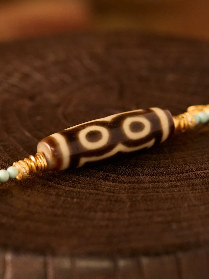 Buddha's Heart Three-Eyed Dzi Agate Turquoise Gold-Plated Silver Pendant