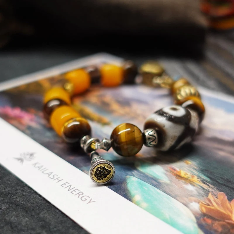 Protection Energy Tiger’s Eye Dzi Vajra Silver Amulet Bracelet