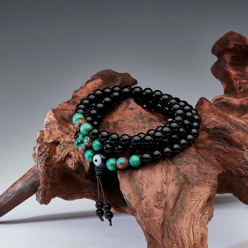 Protection Energy Obsidian and Malachite 108 Mala Bracelet