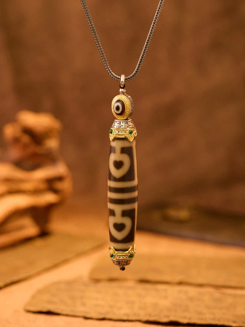 Clear Path Agate Bodhi Four-Eyed Tibetan Dzi Bead Necklace