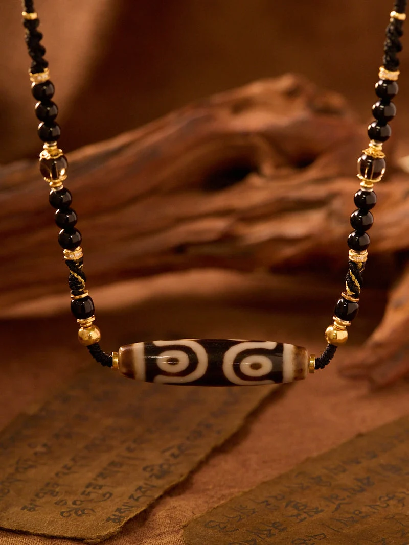 Seven Stars Aligned Seven-Eyed Dzi Agate Gold-Plated Silver Pendant