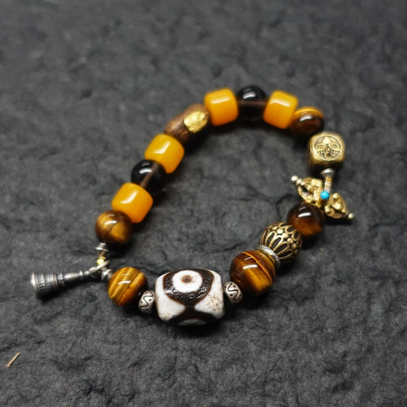 Protection Energy Tiger’s Eye Dzi Vajra Silver Amulet Bracelet