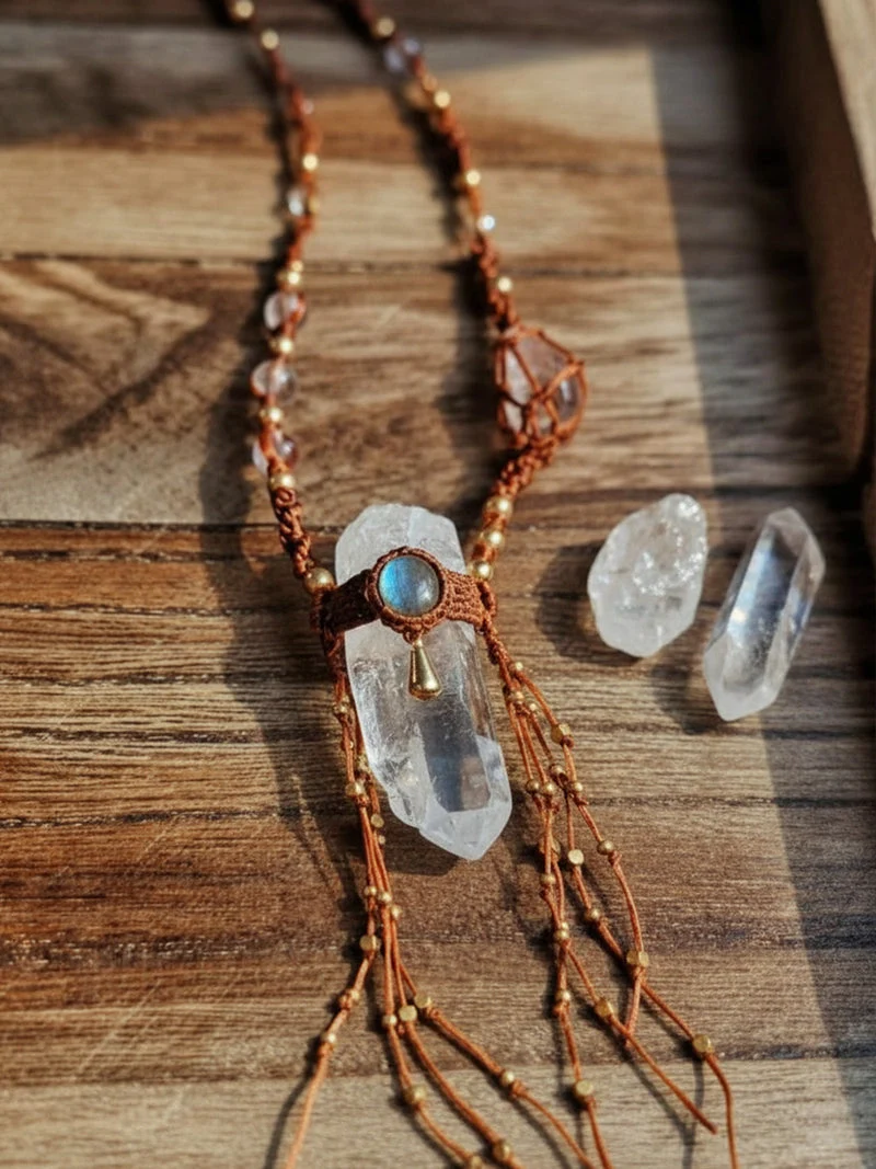 Necklace with crystal pendant on a wooden surface