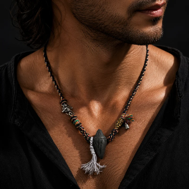 Man wearing a detailed necklace with a black background