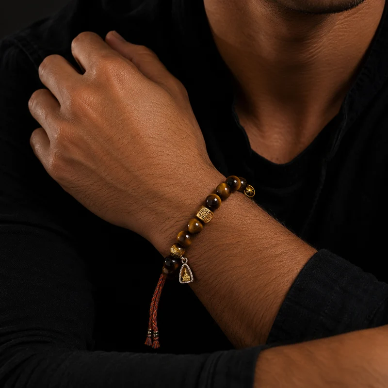 Person wearing a beaded bracelet with a pendant on a dark background