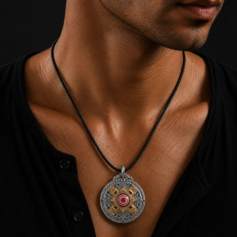 Mandala Red Agate Eye Necklace— Sterling Silver Version