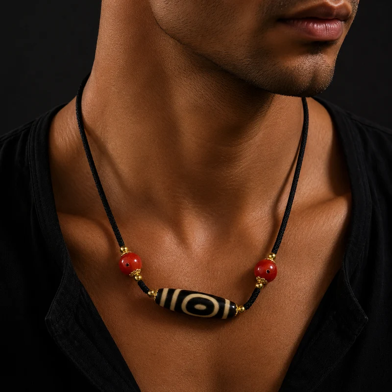 Avalokiteshvara Festival Blessed Two-Eyed Dzi & Coral Necklace - Ancient Clearing Talisman