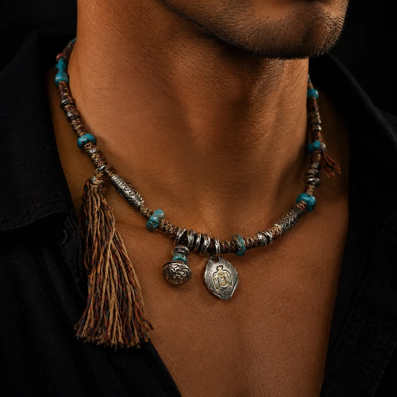 Wild Nomad Turquoise Stone Cotton Cord Boho Tibetan Necklace