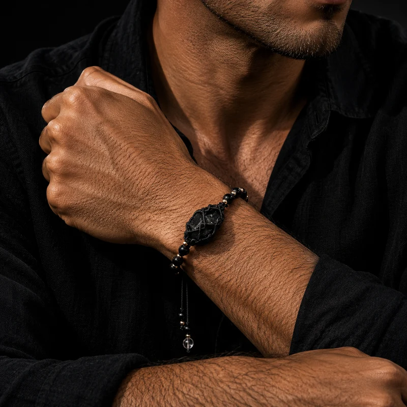 Protection Black Tourmaline Brass Accent Handmade Bracelet