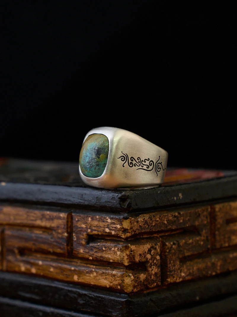 Heaven Earth Union Raw Turquoise Tibetan Silver Ring