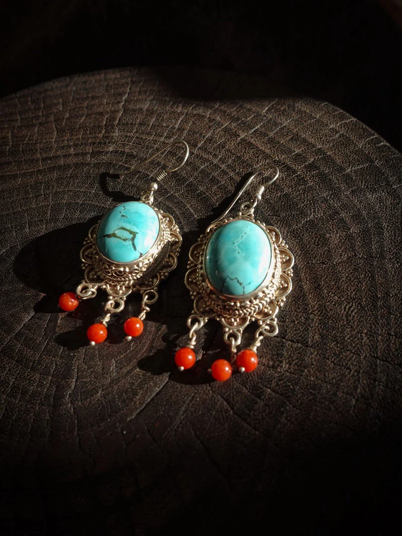 Good Fortune Turquoise Red Agate Sterling Silver Earrings