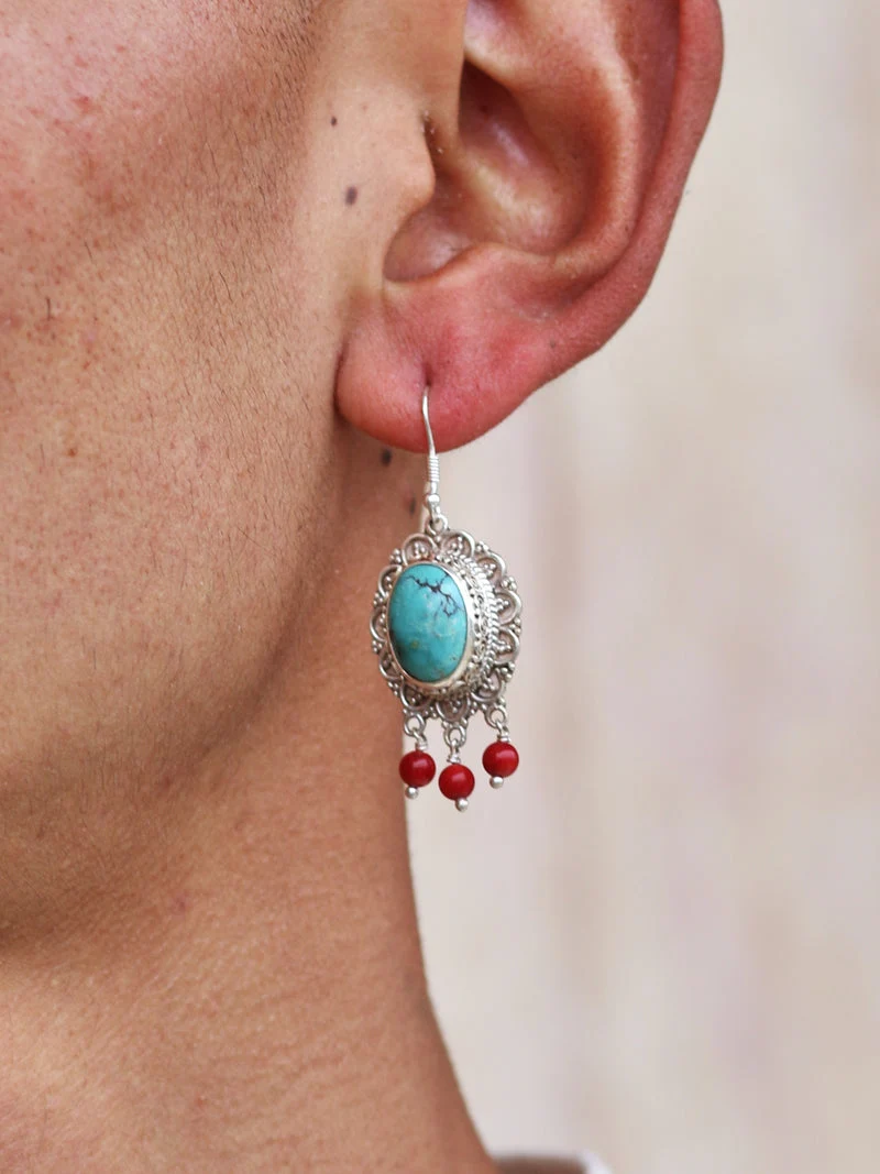 Good Fortune Turquoise Red Agate Sterling Silver Earrings