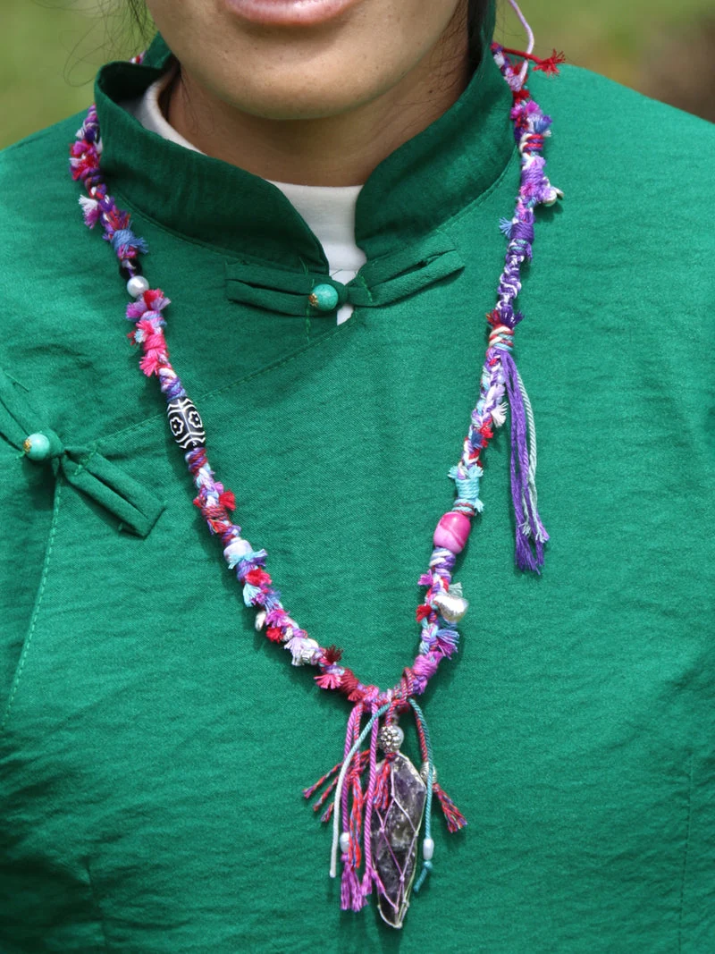Braided Violet Amethyst Raw Crystal Pendant Necklace