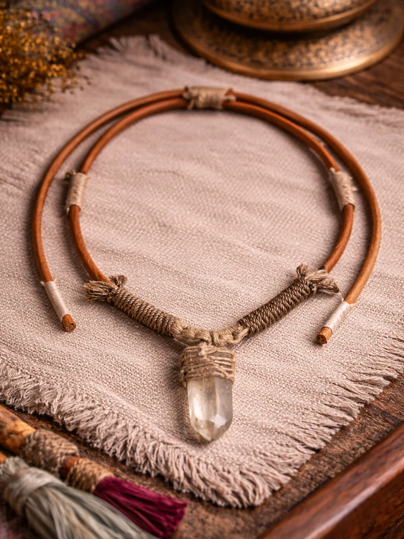 Clarity Raw Crystal Handcrafted Leather Cord Wrap Necklace