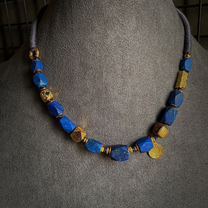 Gold Accented Lapis Lazuli Barrel Bead Necklace