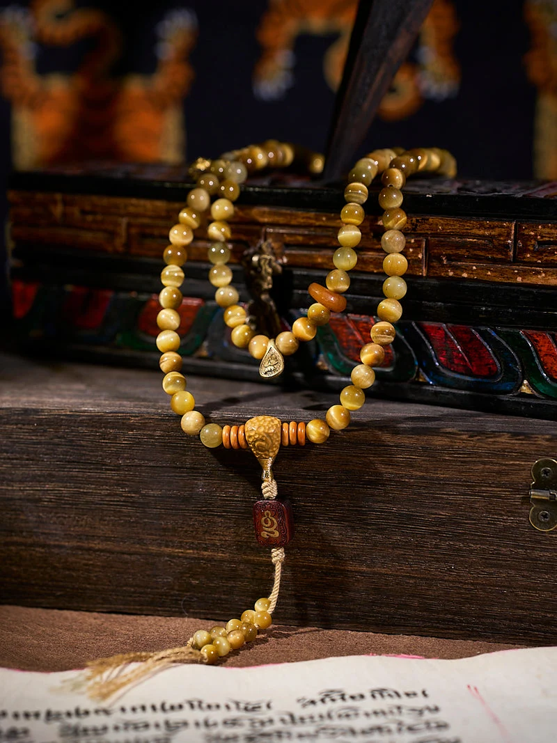 Tibetan Wealth Tiger Eye & Amber Necklace