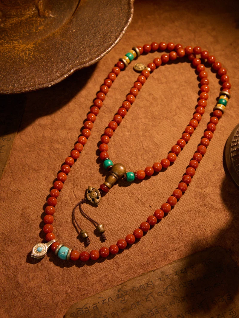 Grounded Vitality Red Agate Turquoise Vintage Brass 108 Mala