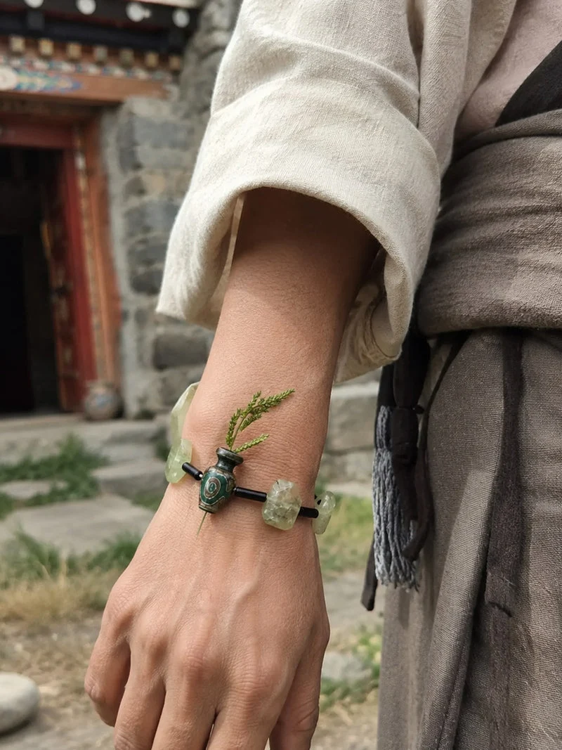 Sacred Protection Ancient Agate Dzi Prehnite Bracelet