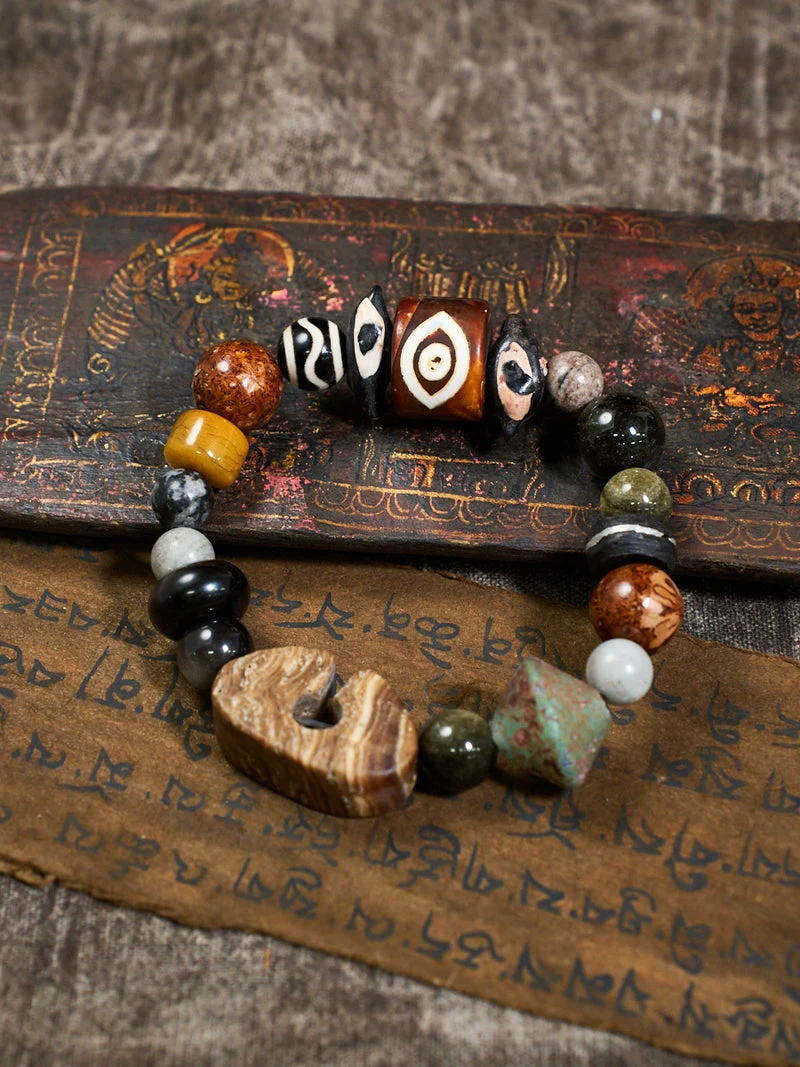 Two-Eye Dzi Ebony Tiger's Eye Ancient Bead Bracelet