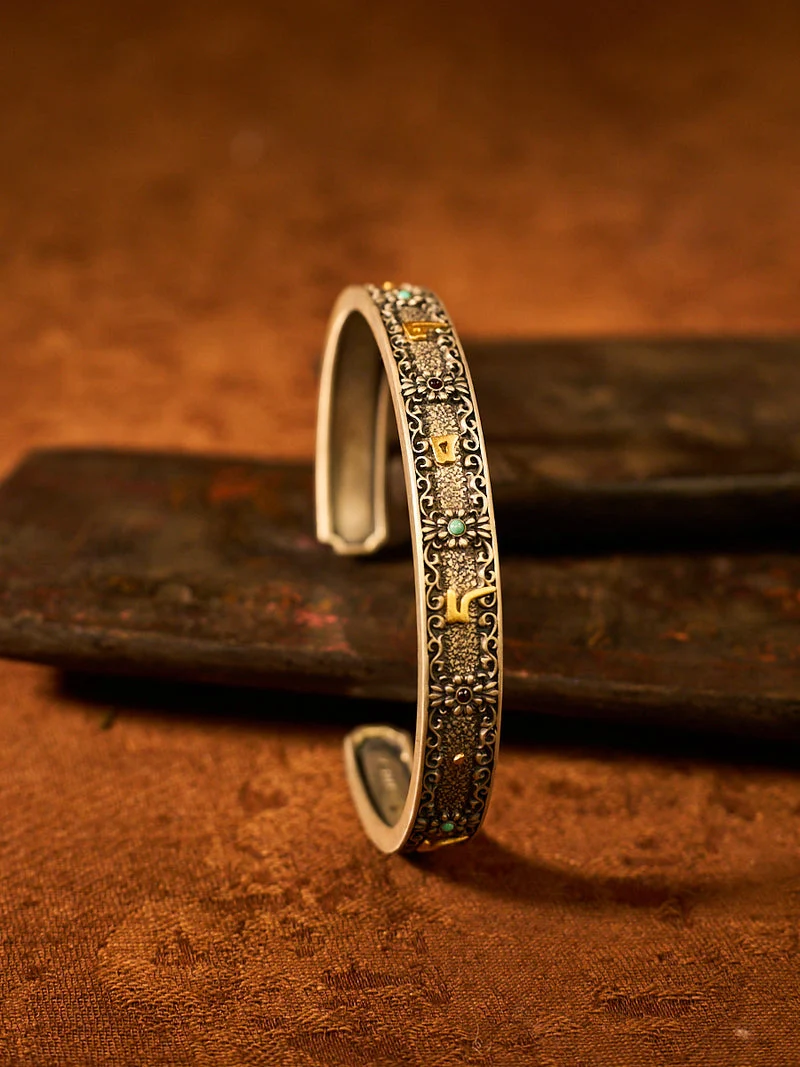 Om Mani Padme Hum Silver Plated Cuff Bracelet with Gold Handmade