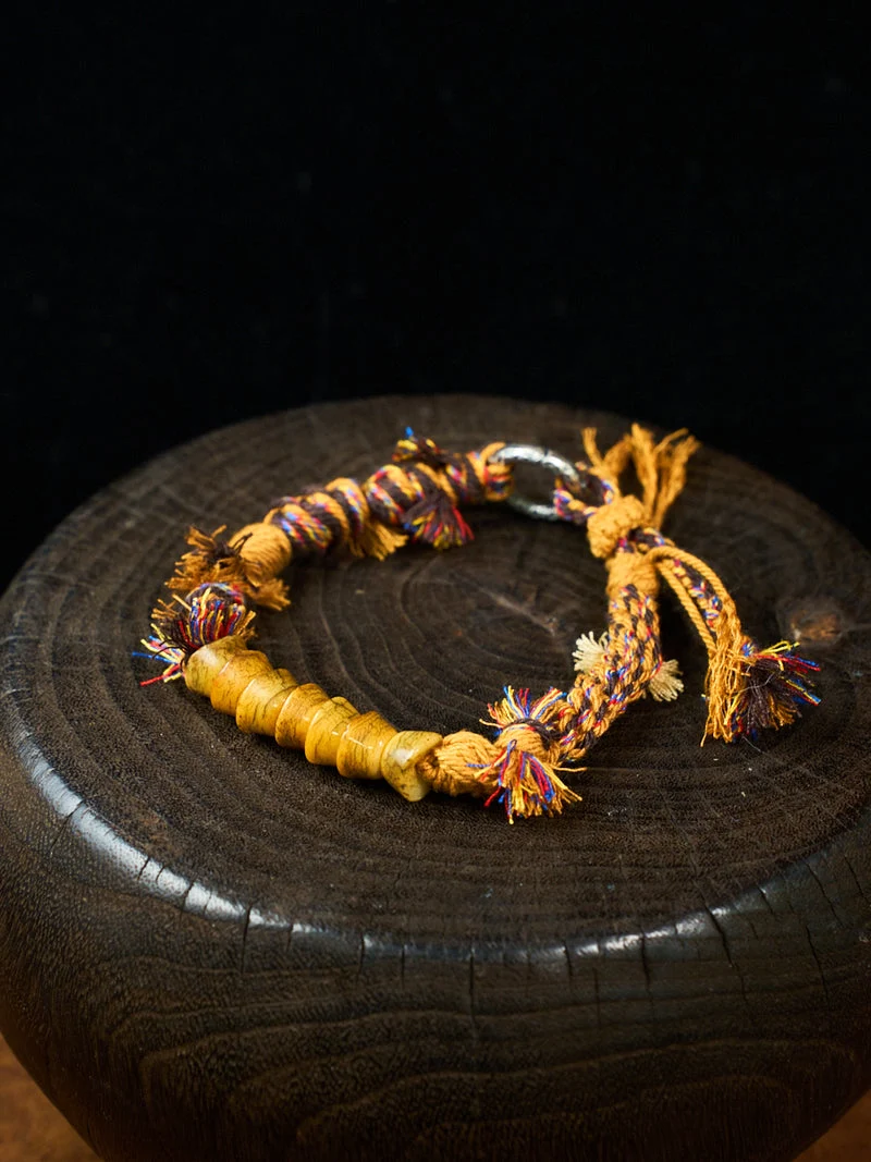 Primal Force Yak Bone Disc Antique Silver Tibetan Five-Color Cord Bracelet