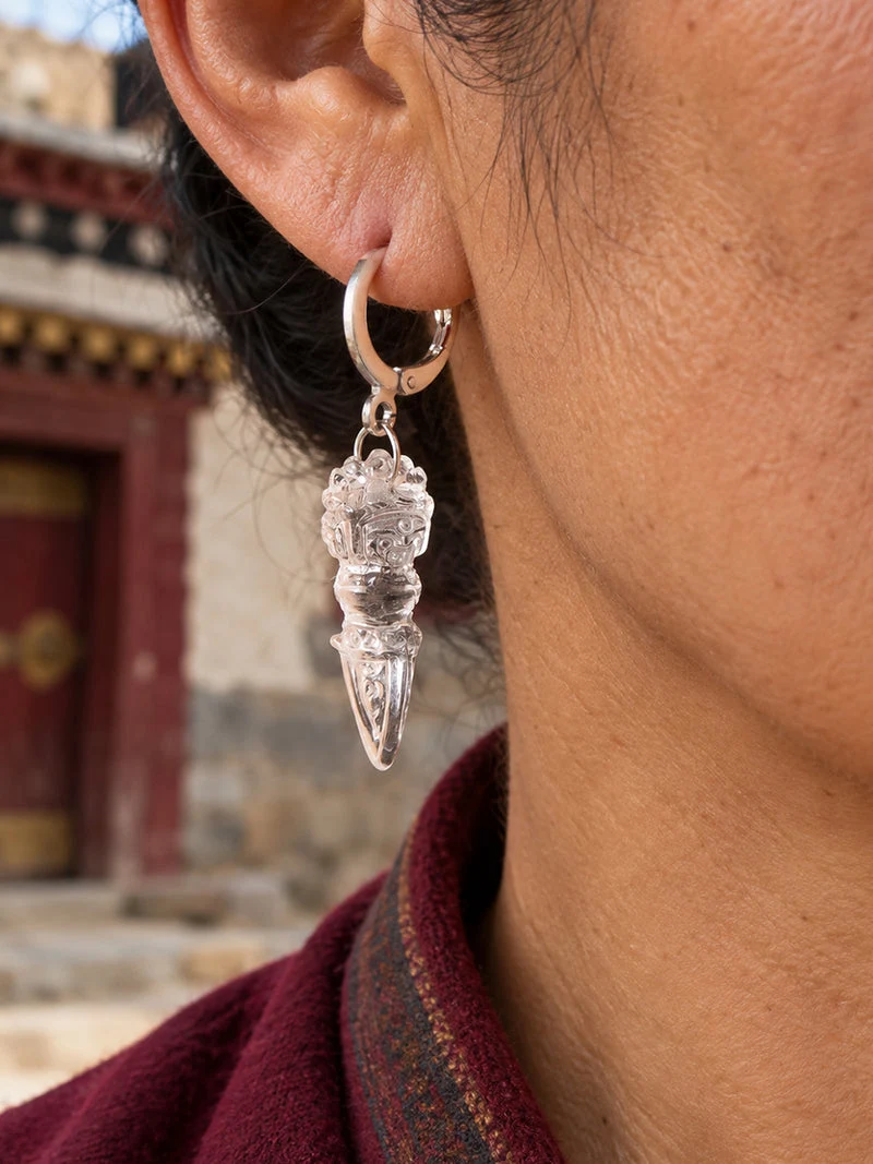 Protection Clear Crystal Phurba Silver Earrings