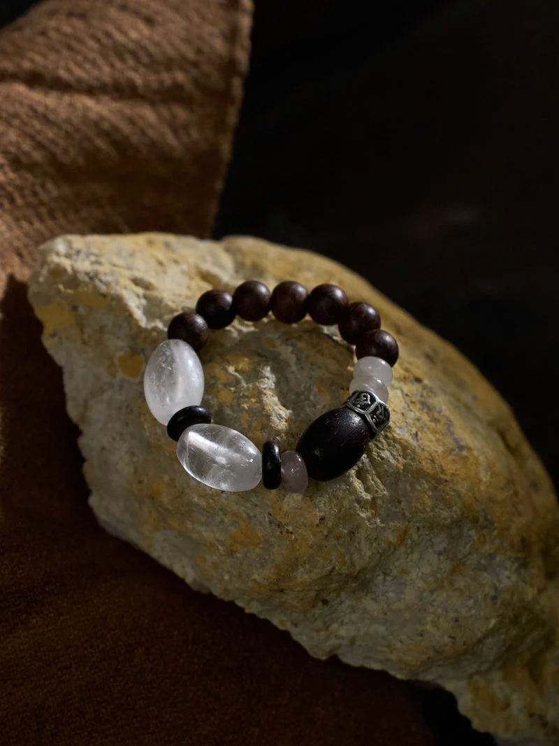 Sacred Mountain Protection Clear Quartz Agarwood Beaded Ring