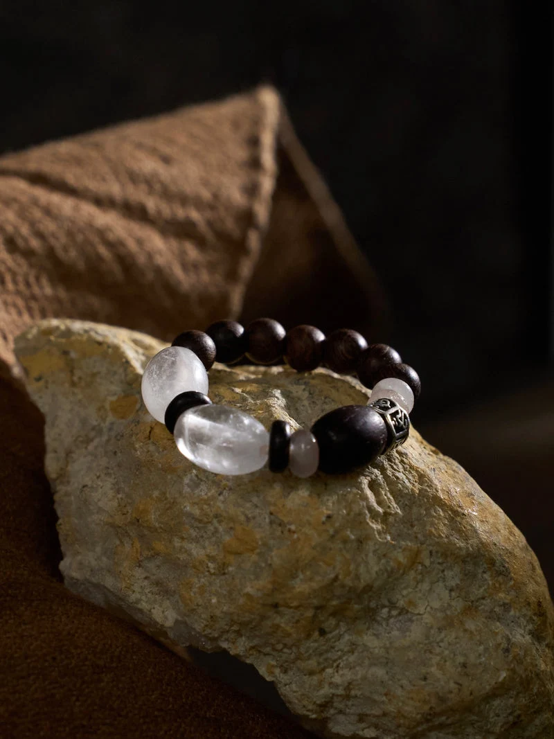 Sacred Mountain Protection Clear Quartz Agarwood Beaded Ring