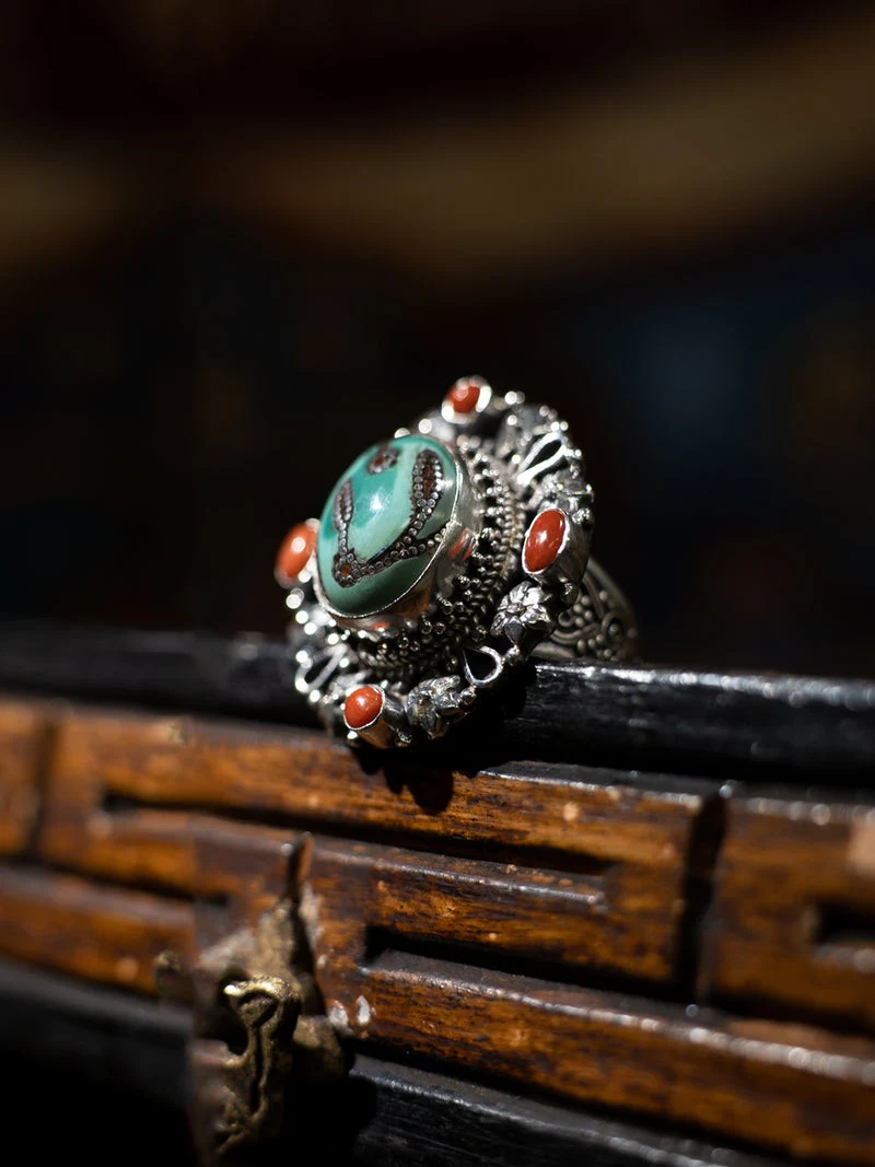 Sacred Turquoise Coral Silver Ring Spiritual Healing Good Luck Jewelry