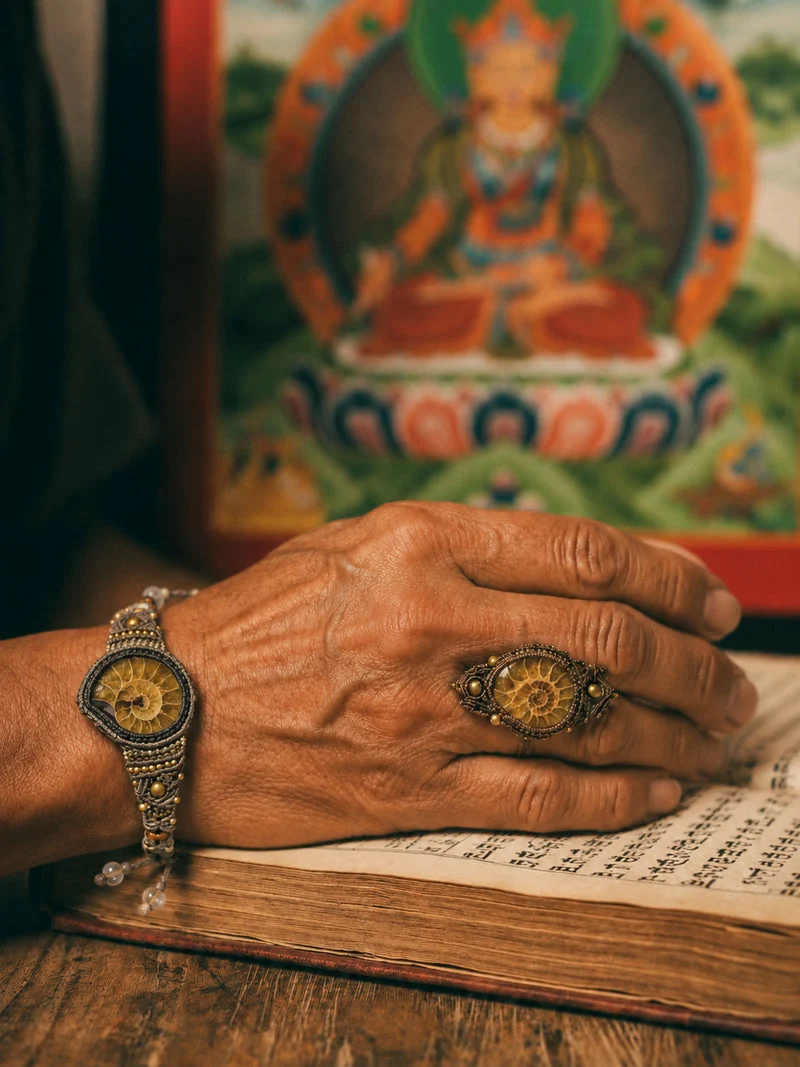 A close-up of a person's weathered hand resting on an open book, wearing a silver-toned watch with a gold dial and a large ornate gold-toned ring. A colorful framed religious painting is blurred in the background.