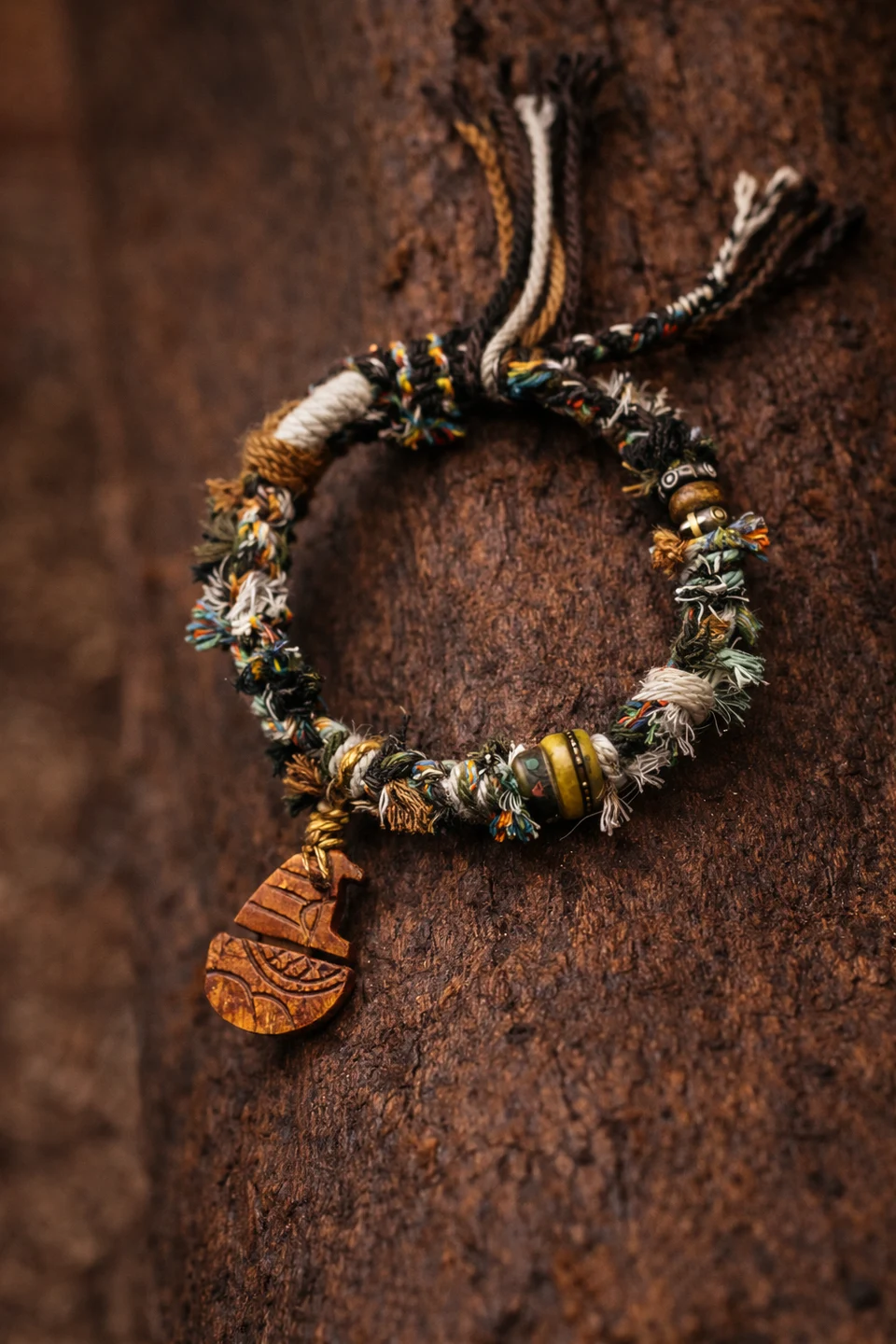 A handmade bohemian-style beaded bracelet with a carved wooden pendant, resting on a textured dark brown surface.