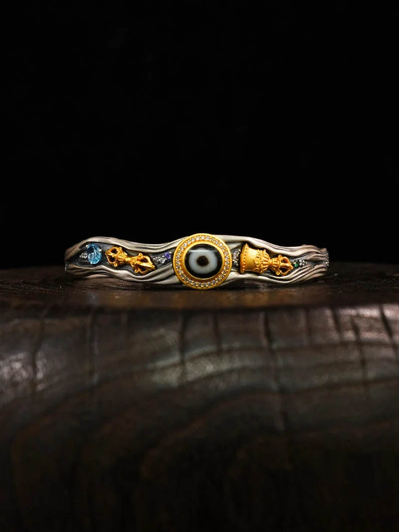 Auspicious Protection Dzi Agate Vajra Silver Cuff Bracelet
