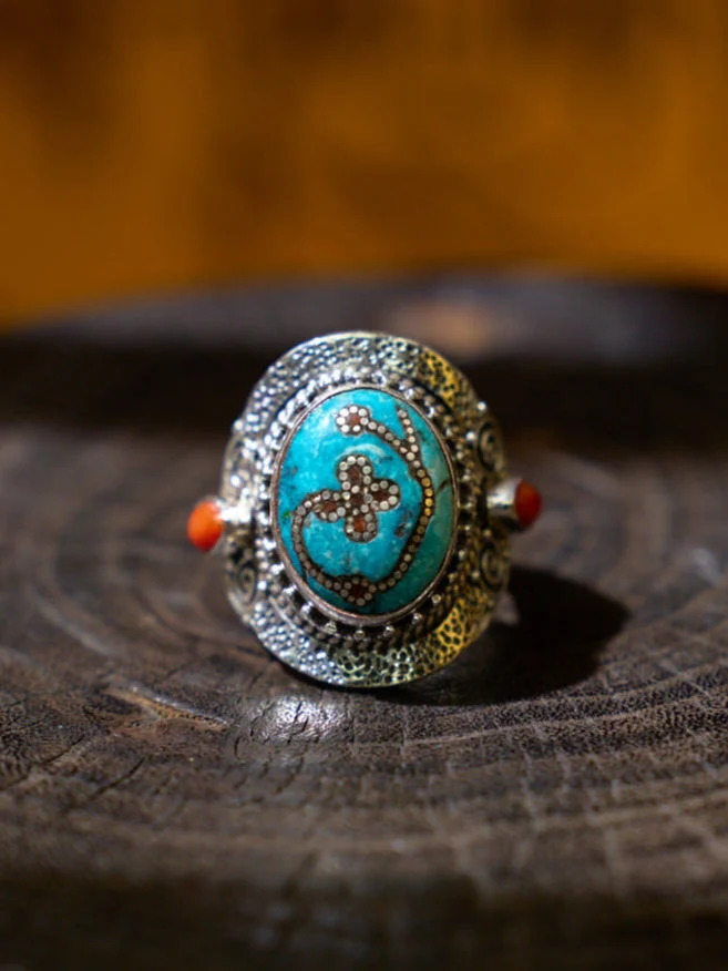 Sacred Harmony Ring with Turquoise and Red Coral in Sterling Silver – Talisman of Good Fortune