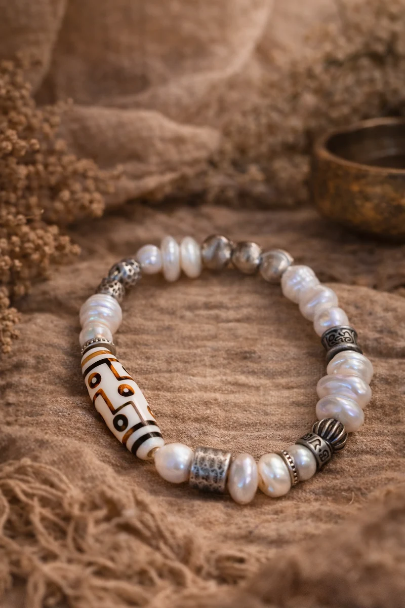 Pure Celestial Blessing Pearl Antler Dzi Bead Silver Bracelet