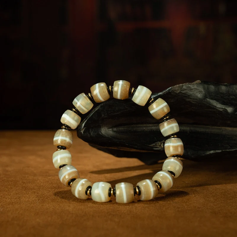 Tibetan Millennium Medicine Buddha Dzi Drum Bead Bracelet – Single-Line Milky Etched, Eastern Tibet